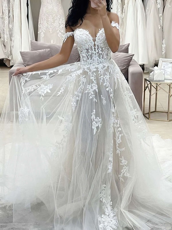 Tulle Off-the-shoulder Sweep Train A-line Appliques Lace Wedding Dresses #PWD00023695