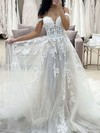 Tulle Off-the-shoulder Sweep Train A-line Appliques Lace Wedding Dresses #PWD00023695