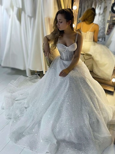 Glitter Sweetheart Sweep Train Princess Beading Wedding Dresses #PWD00023696