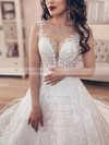 Lace Scoop Neck Court Train Ball Gown Beading Wedding Dresses #PWD00023698