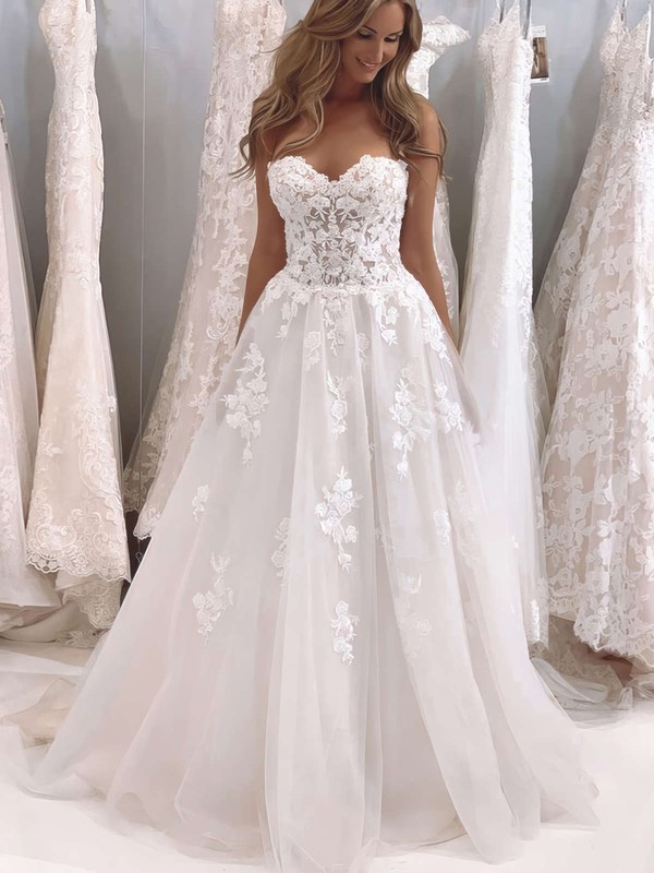 Tulle Sweetheart Sweep Train Princess Appliques Lace Wedding Dresses #PWD00023699