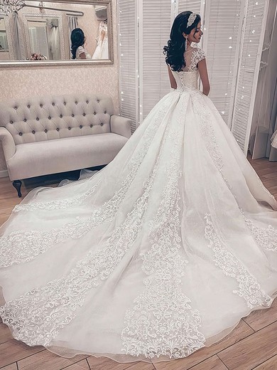 Tulle Scoop Neck Court Train Ball Gown Appliques Lace Wedding Dresses #PWD00023702