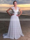 Lace Chiffon V-neck Sweep Train A-line Sashes / Ribbons Wedding Dresses #PWD00023715