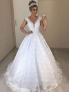 Lace Scoop Neck Sweep Train Ball Gown Appliques Lace Wedding Dresses #PWD00023718