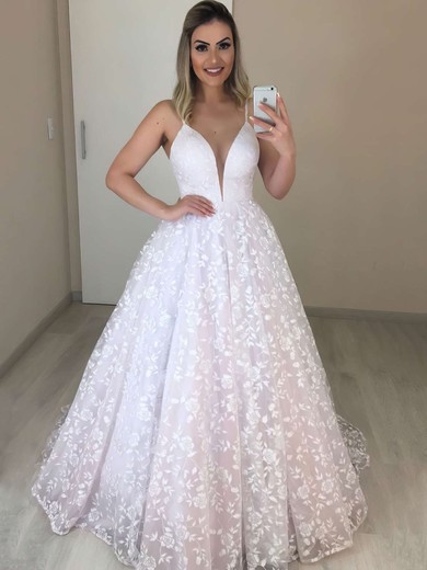 Lace V-neck Sweep Train Ball Gown Wedding Dresses #PWD00023719