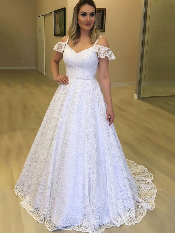 Lace V-neck Sweep Train Princess Wedding Dresses #PWD00023720
