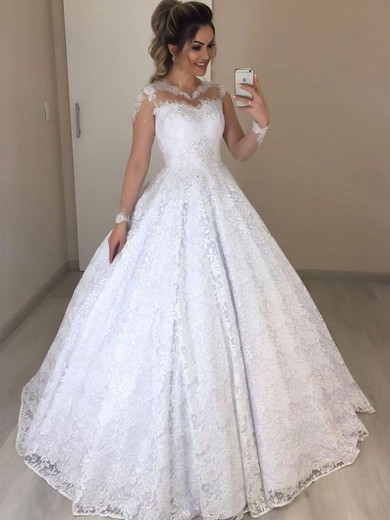 Lace Scoop Neck Floor-length Ball Gown Beading Wedding Dresses #PWD00023721