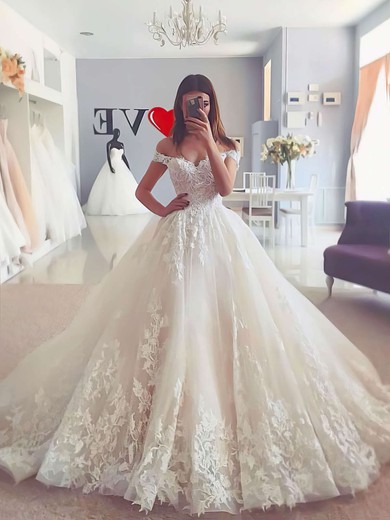 Tulle Off-the-shoulder Floor-length Ball Gown Appliques Lace Wedding Dresses #PWD00023723