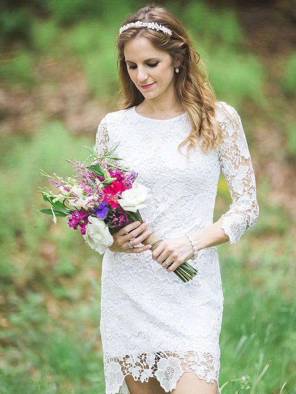 Lace Scoop Neck Short/Mini Sheath/Column Wedding Dresses #PWD00023724
