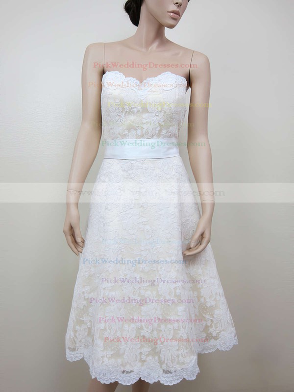 Pretty Champagne Lace Sweetheart Sashes/Ribbons Tea-length Wedding Dresses #PWD00020467