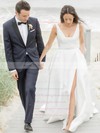 Satin V-neck Sweep Train A-line Sashes / Ribbons Wedding Dresses #PWD00023728