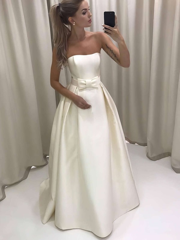 Satin Strapless Floor-length A-line Bow Wedding Dresses #PWD00023732