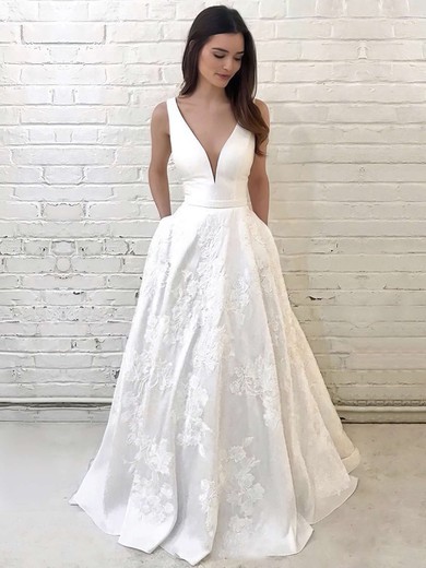 Satin V-neck Floor-length A-line Appliques Lace Wedding Dresses #PWD00023733