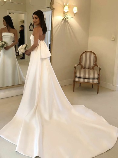 Satin Strapless Court Train A-line Wedding Dresses #PWD00023734