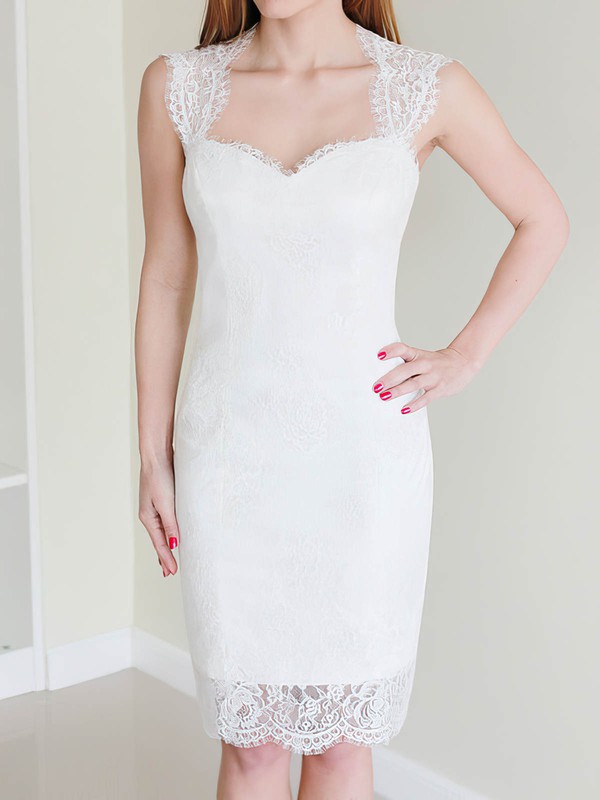 Hot White Lace Sheath/Column with Buttons Knee-length Wedding Dress #PWD00020468