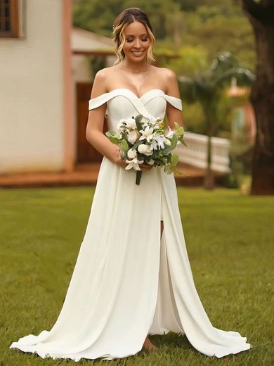 Silk-like Satin Off-the-shoulder Sweep Train A-line Split Front Wedding Dresses #PWD00023735