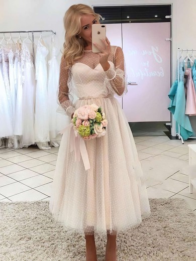 Tulle Scoop Neck Ankle-length A-line Sashes / Ribbons Wedding Dresses #PWD00023736