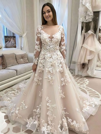 Organza Scoop Neck Court Train Ball Gown Appliques Lace Wedding Dresses #PWD00023737
