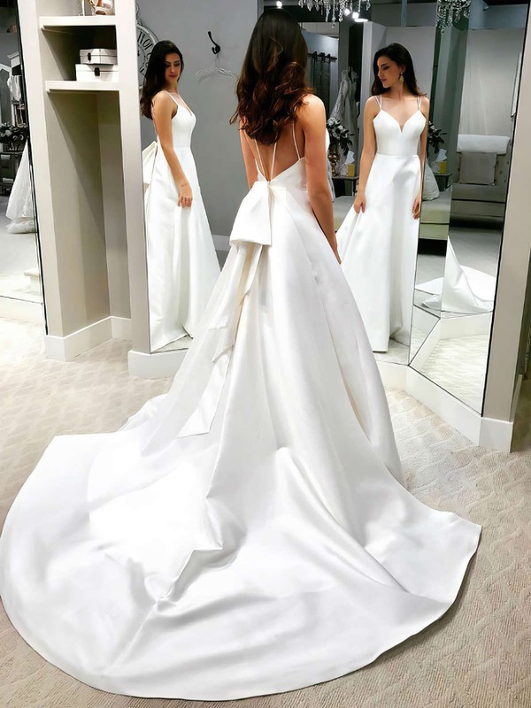 Satin V-neck Court Train A-line Bow Wedding Dresses #PWD00023738