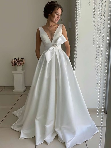 Satin V-neck Sweep Train A-line Bow Wedding Dresses #PWD00023739