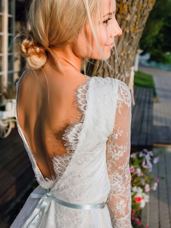 Lace V-neck Short/Mini A-line Sashes / Ribbons Wedding Dresses #PWD00023745