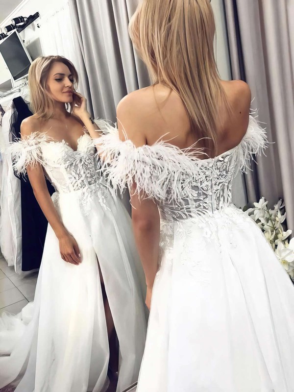 Tulle Off-the-shoulder Sweep Train A-line Appliques Lace Wedding Dresses #PWD00023746