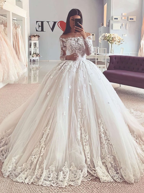 Tulle Off-the-shoulder Sweep Train Ball Gown Appliques Lace Wedding Dresses #PWD00023754