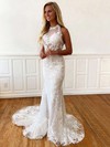 Lace Halter Sweep Train Trumpet/Mermaid Appliques Lace Wedding Dresses #PWD00023759