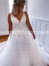 Tulle V-neck Sweep Train Ball Gown Appliques Lace Wedding Dresses #PWD00023761