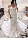 Tulle Off-the-shoulder Sweep Train Trumpet/Mermaid Appliques Lace Wedding Dresses #PWD00023763