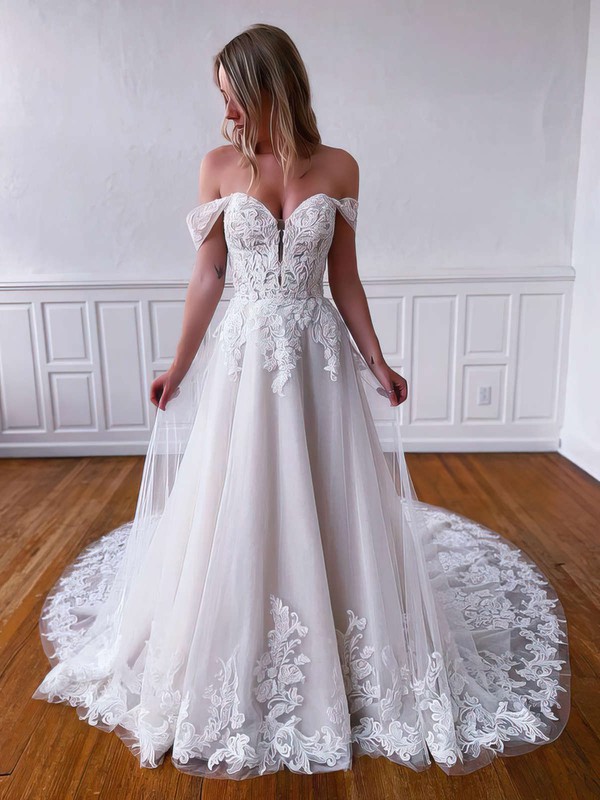 Tulle Off-the-shoulder Court Train Princess Appliques Lace Wedding Dresses #PWD00023764