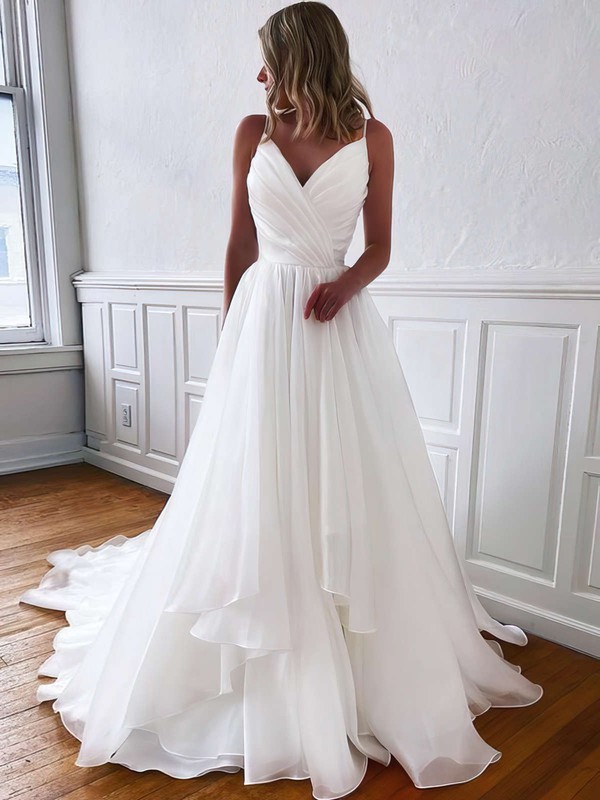 Organza V-neck Sweep Train A-line Ruffles Wedding Dresses #PWD00023765