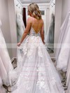 Tulle V-neck Sweep Train Princess Appliques Lace Wedding Dresses #PWD00023766