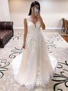 Tulle V-neck Sweep Train A-line Appliques Lace Wedding Dresses #PWD00023768