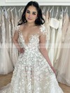 Tulle V-neck Sweep Train A-line Appliques Lace Wedding Dresses #PWD00023769