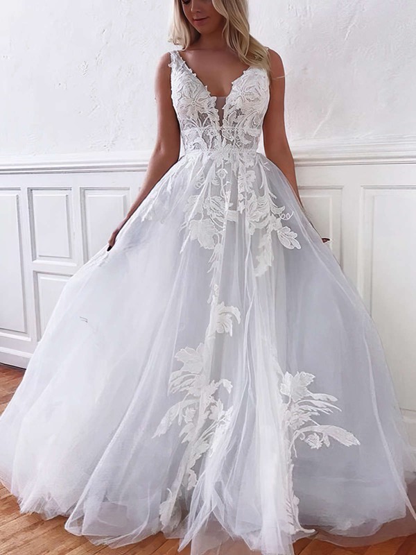 Tulle V-neck Floor-length A-line Appliques Lace Wedding Dresses #PWD00023770