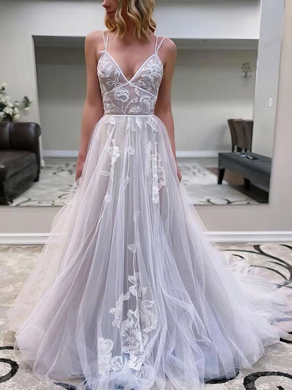 Tulle V-neck Sweep Train Princess Appliques Lace Wedding Dresses #PWD00023771