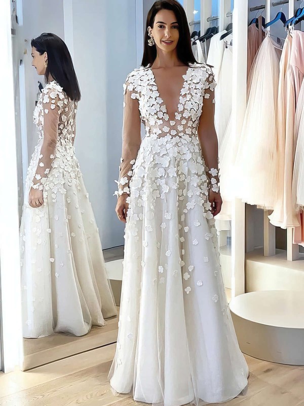 Tulle V-neck Floor-length A-line Flower(s) Wedding Dresses #PWD00023773