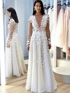 Tulle V-neck Floor-length A-line Flower(s) Wedding Dresses #PWD00023773