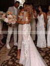 Tulle V-neck Sweep Train Trumpet/Mermaid Appliques Lace Wedding Dresses #PWD00023775