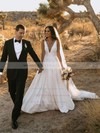 Satin V-neck Sweep Train Ball Gown Appliques Lace Wedding Dresses #PWD00023776