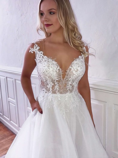 Tulle V-neck Court Train Ball Gown Appliques Lace Wedding Dresses #PWD00023778