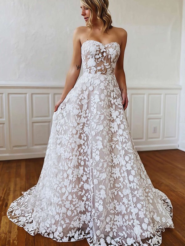 Lace Sweetheart Sweep Train A-line Wedding Dresses #PWD00023779
