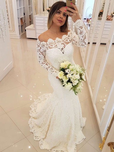 Lace Off-the-shoulder Sweep Train Trumpet/Mermaid Wedding Dresses #PWD00023780