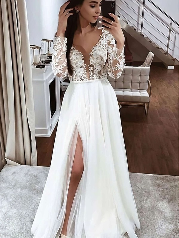 Tulle V-neck Floor-length A-line Appliques Lace Wedding Dresses #PWD00023783