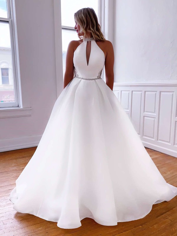 Organza High Neck Court Train Ball Gown Beading Wedding Dresses #PWD00023786