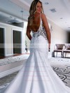 Satin V-neck Court Train Trumpet/Mermaid Appliques Lace Wedding Dresses #PWD00023788