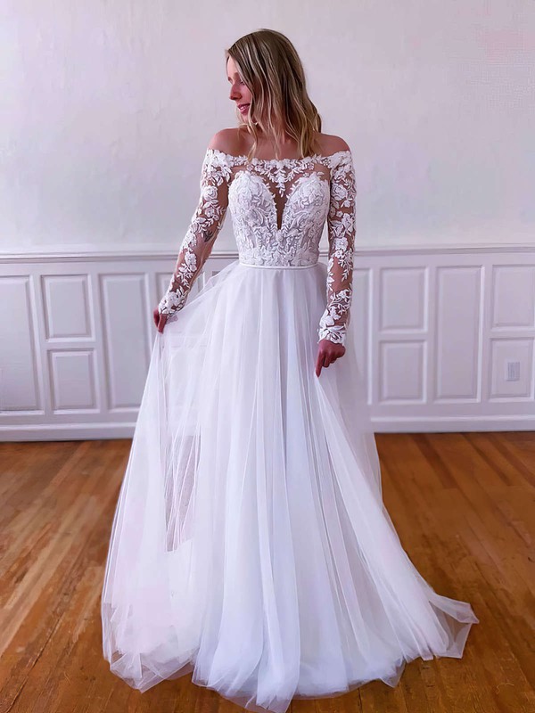 Tulle Off-the-shoulder Sweep Train A-line Appliques Lace Wedding Dresses #PWD00023790