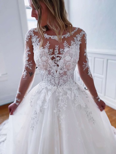 Tulle Scoop Neck Sweep Train Ball Gown Appliques Lace Wedding Dresses #PWD00023791