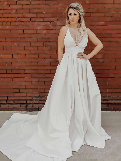 Silk-like Satin V-neck Court Train A-line Pockets Wedding Dresses #PWD00023805
